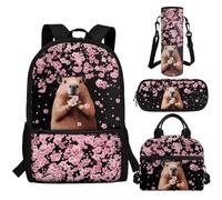 Aplkyhs Joli sac à dos d'école avec boîte à déjeuner 4 pièces Sac à livres élémentaire avec trousse à crayons et porte-bouteille d'eau Sac d'école, Capybara Fleur de Cerisier Rose, Taille unique, Sacs