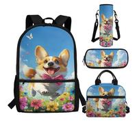 Aplkyhs Lot de 4 sacs à dos avec boîte à déjeuner, trousse à crayons, housse pour bouteille d'eau, sac d'école primaire pour enfants, garçons et filles, Jolie fleur de corgi bleue, Taille unique, Sacs