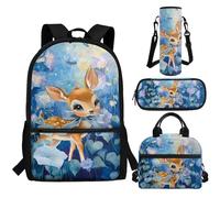 Aplkyhs Lot de 4 sacs à dos avec boîte à déjeuner, trousse à crayons, porte-bouteille d'eau pour école primaire, sac à déjeuner isotherme, Cerf mignon, Taille unique, Sacs à dos de jour