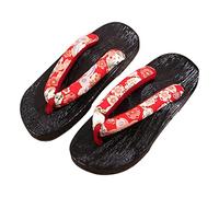 APLVFFZH Sabots Japonais Traditionnels Chaussures Sandales Claquettes Semelle Bois Sculptée Bride Tissu Souple Imprimé Fleurs Charmant Confort Femmes Utilisati, Ronde Rouge 40