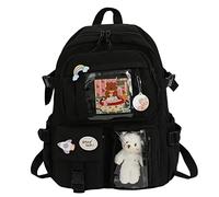 APLVFFZH Sac à Dos en Nylon pour Filles, Sacoche pour Ordinateur Portable avec de Jolies Broches, Un Pendentif Ours, Une Décoration en Forme de Cœur et des Poc, Noir