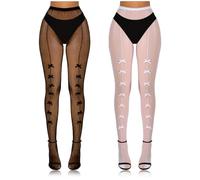 APLZGMG Lot de 2 paires de bas résille sexy en dentelle avec nœud pour femme, mignon Y2K, taille haute pour déguisement, accessoires de fête d'Halloween (noir et blanc)