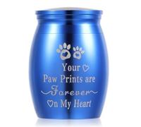 APLZGMG Mini urne souvenir en acier inoxydable pour cendres humaines/animaux domestiques, bleu saphir, mini urne avec empreintes de pattes d'animaux et lettres « Are Forever On My Heart »