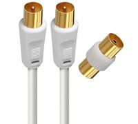 APM 408016 - Câble Coaxial TV Mâle/Mâle 9,52 mm de 10 m - Adaptateur Femelle Inclus - Connexion d'un Téléviseur vers une Fiche Murale ou Décodeur - Blanc