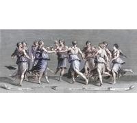 Apollo dansant avec ses neuf muses olympiques : Calliope Clio Erato Euterpe Melpomene Polyhymnia Terpsichore Thalia et Urania Après une gravure de Henry Marais d'une peinture de Giulio Romano