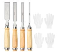 APOMOONS Lot de 4 Ciseaux A Bois 6, 12, 18, 24mm Ciseau Au Manches A Bois pour Professionnels Et DéButants pour Le Bricolage Livré Avec 2 Paires de Gants Et un Sac de Transport