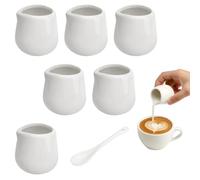 APOMOONS Lot de 6 petits pots à lait en porcelaine avec cuillère en céramique - Pour lait, café, sirop, sauce (50 ml, blanc)