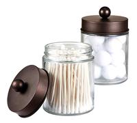 Apothecary Lot de 2 boîtes de rangement pour salle de bain - Mignon distributeur de Qtip en verre avec couvercle pour coton-tige, ronds, sels de bain, éponges de maquillage, accessoires pour cheveux Bronze