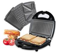 Appareil 3 en 1 Grill Gaufrier Croque Monsieur Machine à Panini Plaques remplaçables avec revêtement antiadhésif 750W - Noir