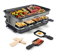 Appareil a Raclette 8 Personnes Service a Raclette avec Revêtement Anti-Adhésif Plaque de Cuisson 8 Poêlons Antiadhésifs 4 Spatules en Bois, Thermostat Intellectuel, Appareil Raclette 1500W