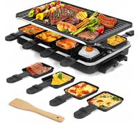 appareil a raclette, appareil raclette 8 personnes, avec 1 grille à raclette réversible antiadhésive et 8 mini poêlons à raclette en fromage et 1 spatule en bois, pour le barbecue en intérieur