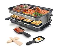 Appareil à raclette électrique pour 8 personnes, avec 8 mini poêlons et 4 spatules en bois, température réglable en continu, 1500 W, revêtement anti-adhésif, en acier inoxydable