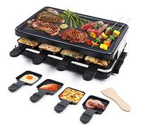 Appareil à Raclette per 8 Persone Grill Électrique de Table Plaque de Cuisson Portatile Grillles Barbecue Machine con 8 Mini Poëlons e 4 Spatole in Legno Plancha Grille Paques Electrique 1300W