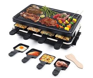 Appareil à Raclette per 8 Persone Grill Électrique de Table Plaque de Cuisson Portatile Grillles Barbecue Machine con 8 Mini Poëlons e 4 Spatole in Legno Plancha Grille Paques Electrique 1300W