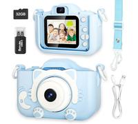 Appareil Photo Enfant Numérique, Jouet Fille 3-12 Ans, Rose, Double Objectif, Carte SD 32 Go, Étui en Silicone, Écran IPS 2,0 Pouces, Vidéo HD 1080p - Cadeau Fille de Noël et d'anniversaire (Bleu)