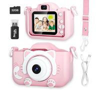 Appareil Photo Enfant Numérique, Jouet Fille 3-12 Ans, Rose, Double Objectif, Carte SD 32 Go, Étui en Silicone, Écran IPS 2,0 Pouces, Vidéo HD 1080p - Cadeau Fille de Noël et d'anniversaire (Rose)