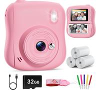 Appareil Photo Instantané Enfant, 2,0 Pouces Écran HD Appareil Photo Enfant avec Carte de 32GB & 3 Rouleaux de Papier d'impression,Cadeau pour Enfant Garçons Filles de 3-10 Ans -Rose
