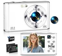 Appareil Photo Numérique 4K 48MP Autofocus pour La Photographie Compact avec Double Caméra Avant Et Arrière, Appareil Photo Point and Shoot avec Zoom Numérique 16X, Carte TF 32GB & 2 Batteries-Blanc