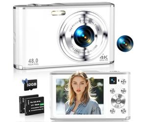 Appareil Photo Numérique 4K 48MP Autofocus pour La Photographie Compact avec Double Caméra Avant Et Arrière, Appareil Photo Point and Shoot avec Zoom Numérique 16X, Carte TF 32GB & 2 Batteries-Blanc