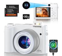 Appareil Photo Numérique 4K 64 MP Autofocus Vlogging Anti-Shake Zoom 16X - Carte 32G, 2 Batteries - Compact Pour Adolescents et Débutants (Blanc)