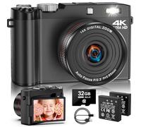 Appareil photo numérique 4K 64 MP avec écran rabattable de 2,8" 180°, zoom 18X, mise au point automatique, carte mémoire 32 Go et 2 batteries - Parfait pour les adolescents, les étudiants, les enfants