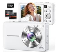Appareil Photo numérique 4K 64MP, Double caméra avec autofocus, Flash, Zoom 16X, Anti-Shake, Carte mémoire 32 Go, caméra compacte pour vlogging pour Enfants, Adolescents, Adultes et débutants(Blanc)
