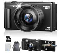 Appareil Photo Numérique 4K, Appareil Photo Compact 72MP 18X Digital Zoom, écran Rabattable 270° et autofocus Appareils Photo vlogging avec Carte 64GB Batterie pour Adolescents Débutants Adultes Noir