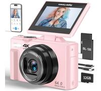 Appareil photo numérique 4K, caméra de vlogging 64 MP avec écran rabattable de 3", zoom numérique 18x, carte micro SD de 32 Go, idéal pour les débutants, la photographie et YouTube