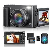Appareil photo numérique 4K pour photographie, caméra de vlogging 48 MP avec autofocus, flash, écran rabattable à 180°, zoom 16x, carte 32 Go, 2 batteries et chargeur, appareil photo de voyage compact