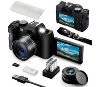 Appareil photo numérique 4K pour photographie et vidéo Mise au point automatique Caméra de vlogging 48 MP, écran rabattable à 180°, zoom 16x avec carte SD de 32 Go, 2 piles Noir