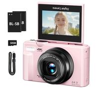 Appareil Photo Numérique 4K pour Photographie Vlog 64MP, Écran Flip 3" 180°, Zoom Numérique 18X et Carte Micro SD 32GB (Rose, Photographie Camara)