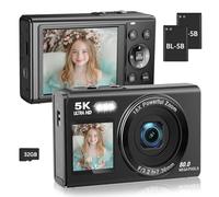Appareil photo numérique 5K 80 MP avec lumière de remplissage et zoom 16x - Caméra de vlogging double écran pour YouTube/blogging, WiFi, carte TF 32 Go, 2 batteries, écran LCD de 2,8", sangle