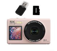 Appareil photo numérique double écran 5K, enregistreur vidéo portable CCD, zoom 18x, vlogging, caméras de photographie pour débutants et adolescents (rose, 32 Go)