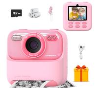 Appareil Photo numérique instantané 1080p pour Enfants, écran 2,4 Pouces, Carte mémoire 32 Go, 3 Rouleaux de Papier, pour garçons et Filles de 3 à 12 Ans, Cadeaux de Noël,Pink