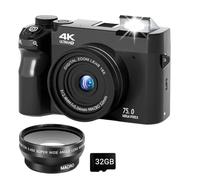 Appareil Photo Numérique Zoomix, 4k 75 Mpx, Zoom Numérique 18x, Compact, Écran 3 Pouces, Mise Au Point Intelligente, Double Capteur Avant et Arrière(Black-Wide-Angle Lens#)