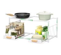 APPASO Rangement sous évier blanc à 2 niveaux avec tiroir coulissant, étagère de salle de bain et cuisine en acier pour placard et comptoir, extensible (54,5 à 81 cm)