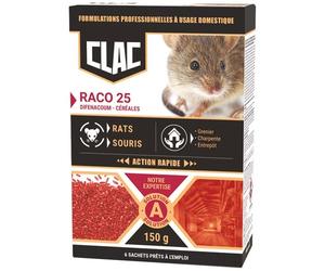Appât céréales - Raco 25 - rats et souris - action rapide - 150 g - 6 sach