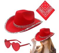 APPCRFM Chapeau de cow-boy 3 pièces, Chapeau de Cowboy, Chapeaus de Cowboy Ajustable, Idéale pour les Fêtes d'Anniversaire, les Carnavals, les Bals Costumés et les Soirées Déguisées - Rouge