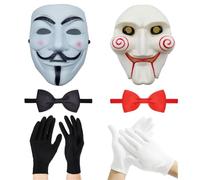 APPCRFM Masque Halloween Horreur,Saw Masque d'Horreur,Jigsaw Masque de Clown Effrayant,Avec Gants et Nœud Papillon,Ensemble de Costumes de Mascarade,Parfait pour Halloween et Carnava 6PCS