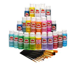 Apple Barrel, Art Lessons Kit de peinture et de pinceaux 34 pièces comprenant 23 couleurs de peinture acrylique de 59 ml, 1 flacon de 59 ml de Mod Podge Matte, 10 pinceaux FolkArt, 6 leçons vidéo