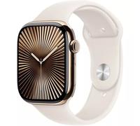 Apple Watch Series 10 2024 (GPS + 4G), Boitier Titane Or de 42mm avec bracelet Caoutchouc Sport M/L, Lumière stallaire