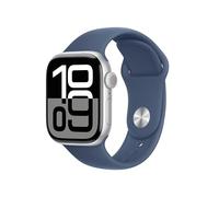 Apple Watch Series 10 (2024) GPS + Cellular, Boitier Argent de 42mm avec bracelet Caoutchouc S/M, Bleu