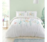 Appletree - Housse de Couette Floral Blanche - Super King Size (260x220cm) - Motifs Réversible - 100% Coton Doux - 2 Taies d'oreiller - Parure de Lit Blanche avec Rayures - Housse de Couette avec