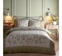 Appletree - Housse de Couette Vert Sauge à Motif Floral et colibris - Lit Double (200 x 200 cm) - Literie Blanche avec imprimé Oiseaux et Fleurs - 100% Satin de Coton - Lit à Bords passepoilés -