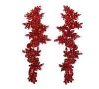 Applique de dentelle perlée Patchs de garniture en dentelle strass faits à la main, cousus sur perles, paillettes appliquées, une paire/sac(Red)