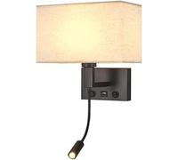 Applique de lecture carrée en tissu - Applique moderne câblée finition métal noir avec interrupteur à bouton-poussoir + prise de charge USB, spots col de cygne flexibles pour éclairage de chevet