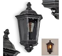 Applique d'extérieur Hongkong avec détecteur de mouvement, lampe murale à l'aspect antique, métal/verre en noir-argent/clair,applique rétro/vintage,douille E27, pour terrasse/cour/entrée,sans ampoules