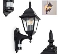 Applique d'extérieur Naofe, applique avec détecteur de mouvement en métal/verre noir/clair, applique vers le haut, lampe d'extérieur pour terrasse, E27, ampoule(s) non incluse(s)