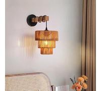 Applique en Rotin Intérieur Applique Murale Vintage en Bois avec Câble Spot Mural Rustique E27 Corde Boho Abat-Jour Tissé À La Main pour Couloir Salon Chambre Salle À Manger Escalier Cuisine