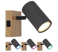 Applique LED dimmable avec télécommande Applique en bois, changement de couleur RGB, avec spot orientable, métal noir graphite brun, 4,8W 320lm blanc chaud, LxH 7x10 cm